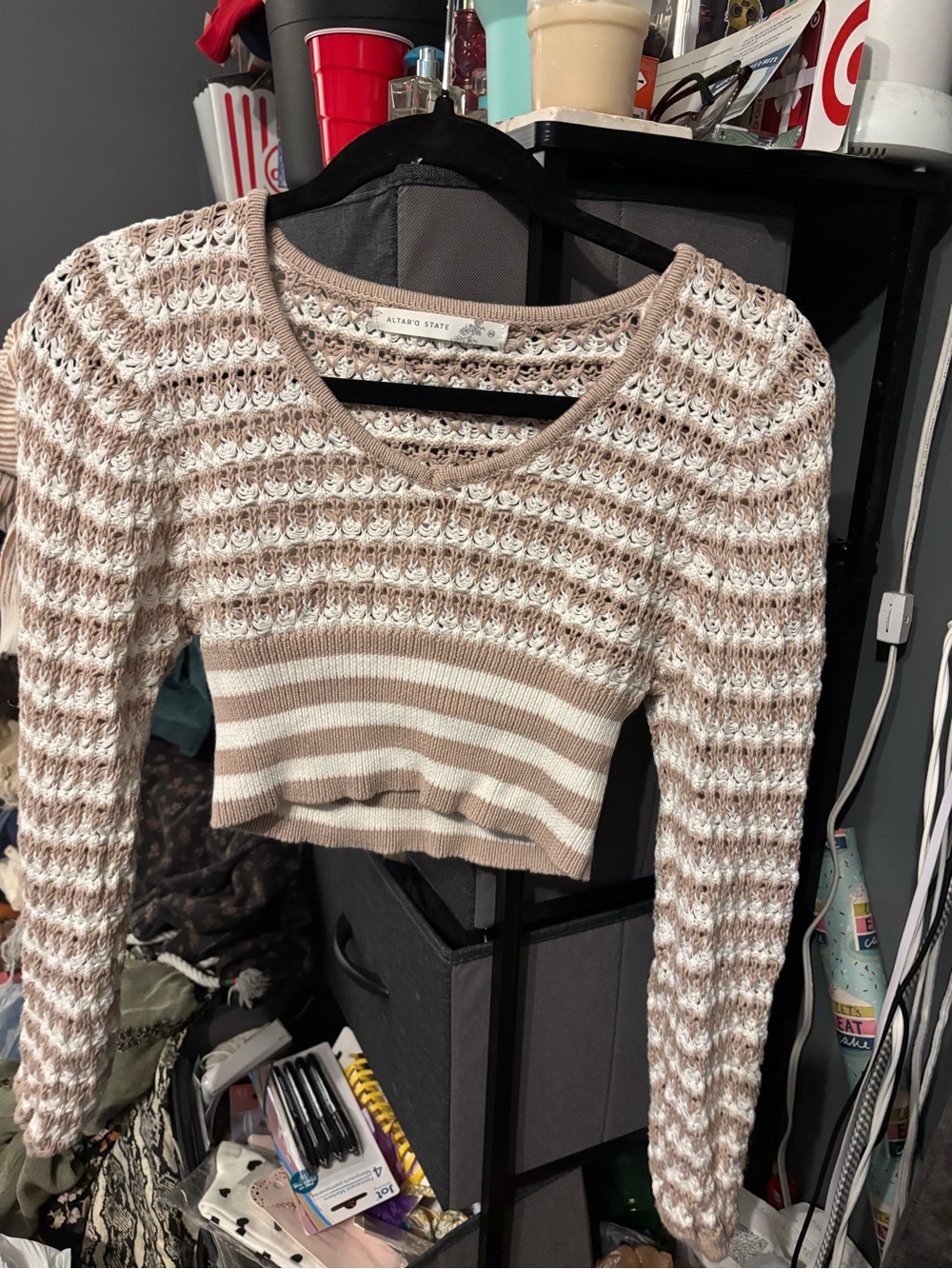 Cropped Knit Sweater - Beige & White